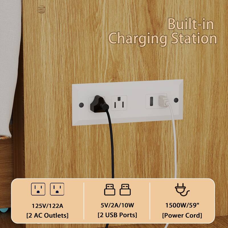 Murphy Bed Cabinet with Charging Port and Storage Drawer, White