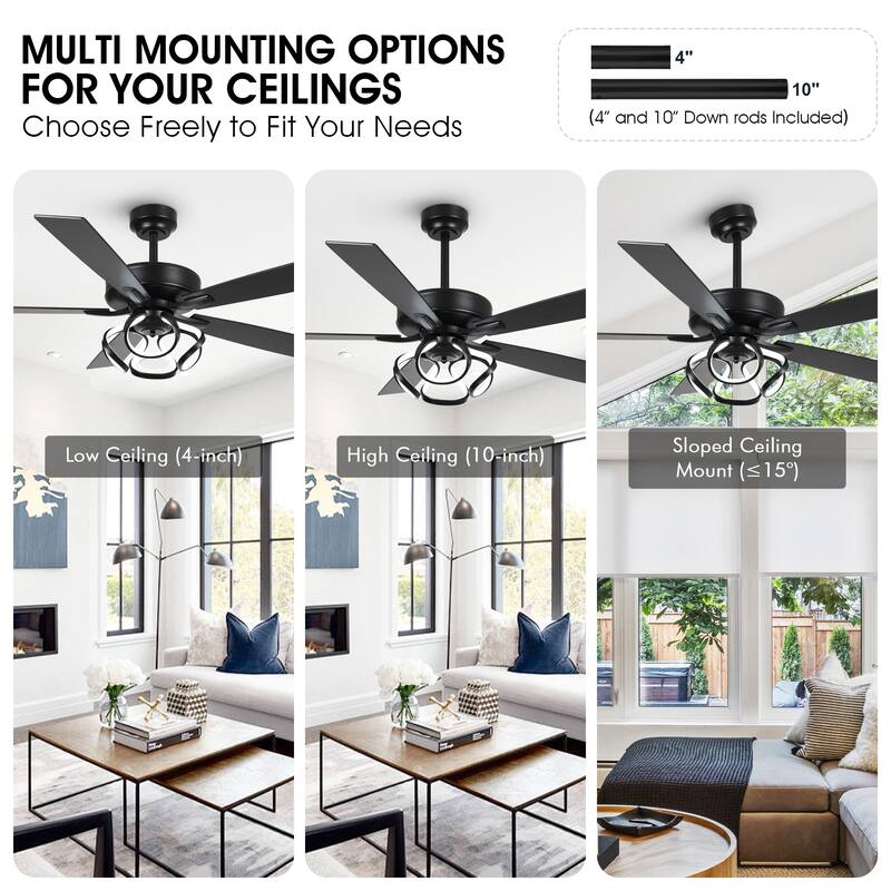 52" Contemporary Black Dimmable LED Ceiling Fan with Light and Remote