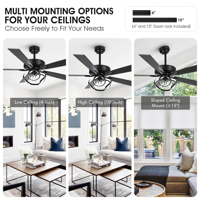 52" Modern Chrome/ Black Indoor Dimmable LED Ceiling Fan with Light and Remote