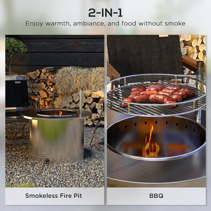 Outsunny 2-in-1 Smokeless Fire Pit, BBQ Grill, 25" Portable Wood Burning Firepit with Cooking Grate, Ash Tray & Poker, Low Smoke