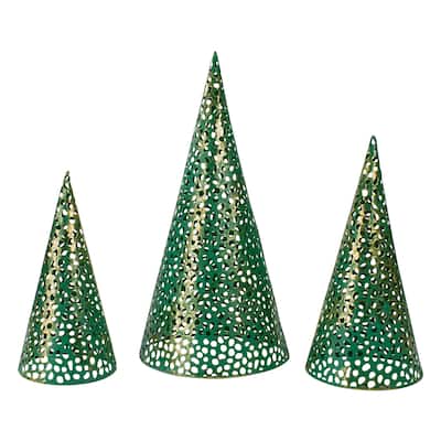 Set of 3 Green and Gold Christmas Tabletop Cone Trees 16"