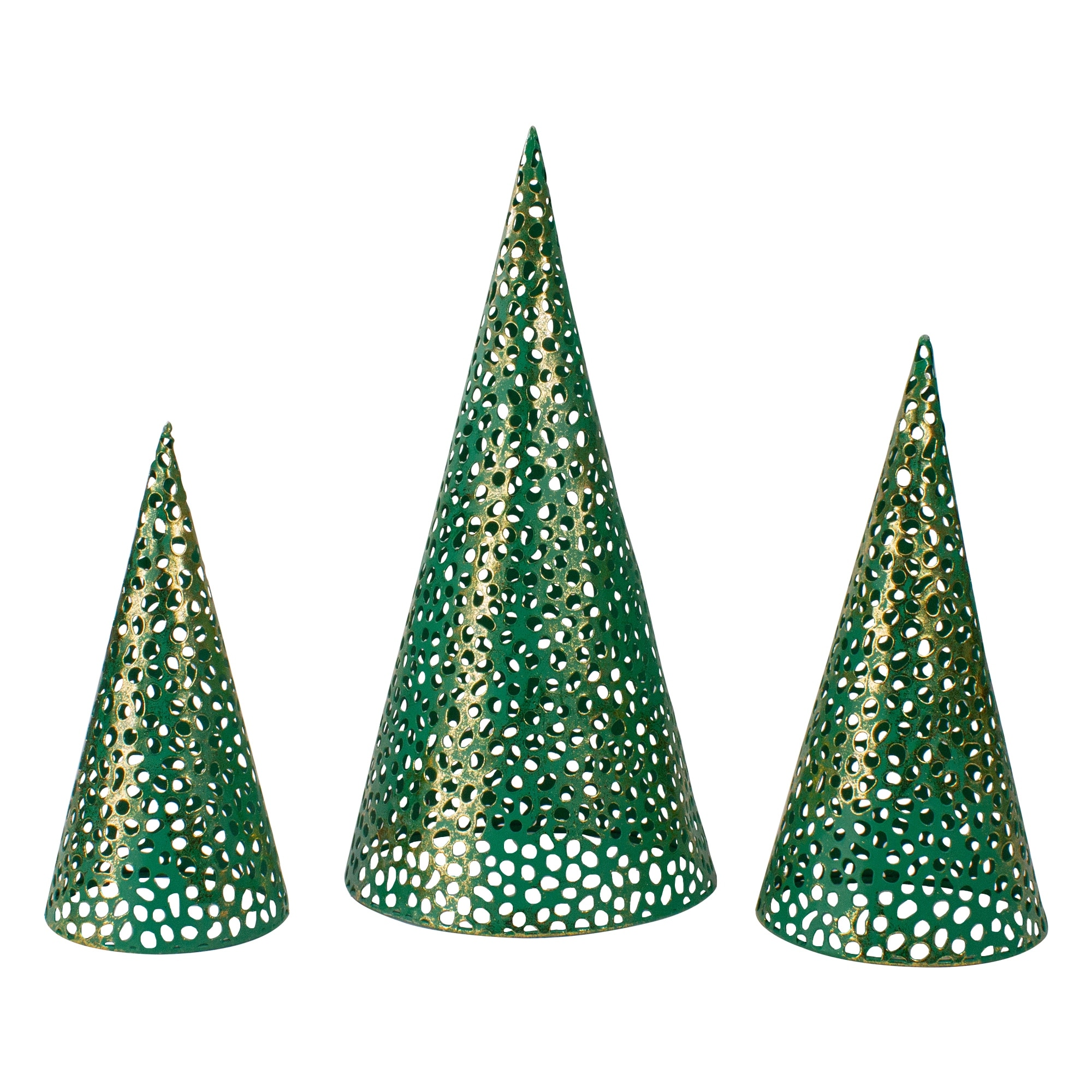 Set of 3 Green and Gold Christmas Tabletop Cone Trees 16"