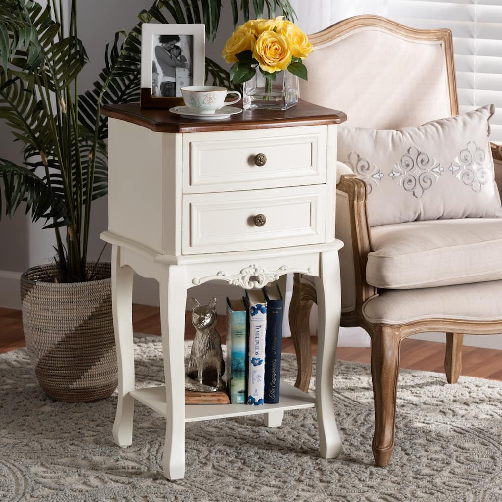 Baxton Studio Darla Classic and Traditional French White and Cherry Brown Finished Wood 2-Drawer End Table