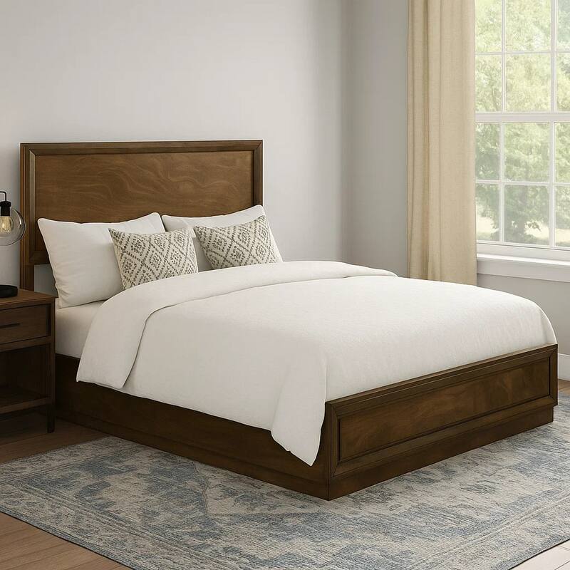 Rouk Queen Size Bed w Panel Headboard, Walnut Brown Okume Veneer