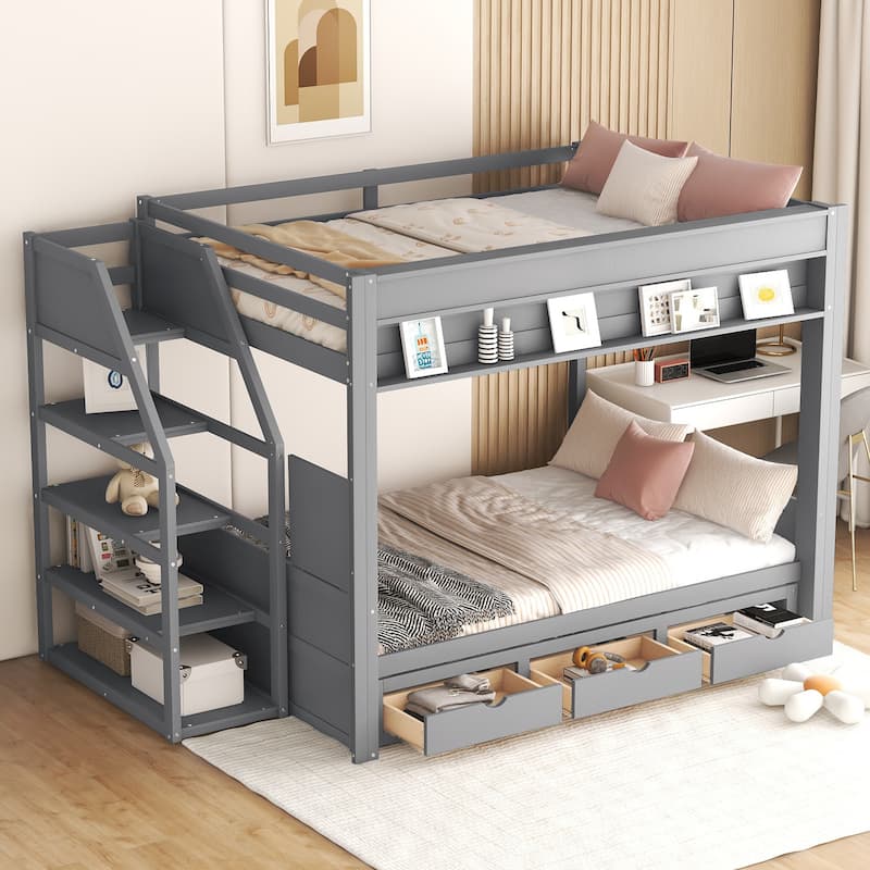 Full Size Convertible Bunk Bed with Storage Staircase, Bedside Table, and 3 Drawers, Gray