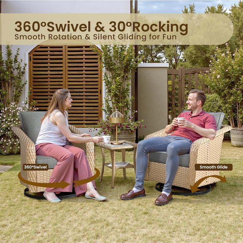 OVIOS Outdoor Wicker Swivel Chair 3-Piece Set (with Side Table)
