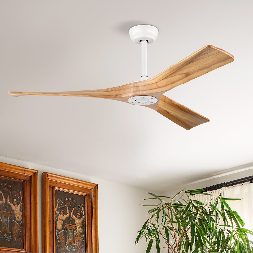 Solid Wood 3 Blades Ceiling Fans without Lights, 52" Ceiling Fan with Remote Control and Reversible DC Motor, Adjustable Height
