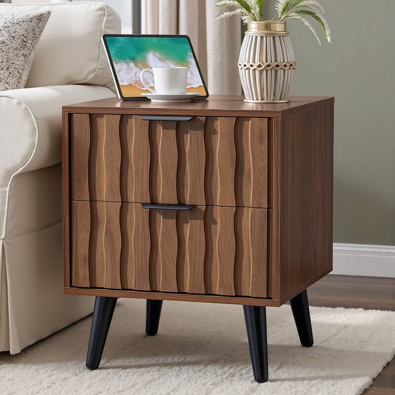 Mid-Century Modern Nightstand, Fluted End Table Drawer & Open Storage - Two-Drawer/ Single