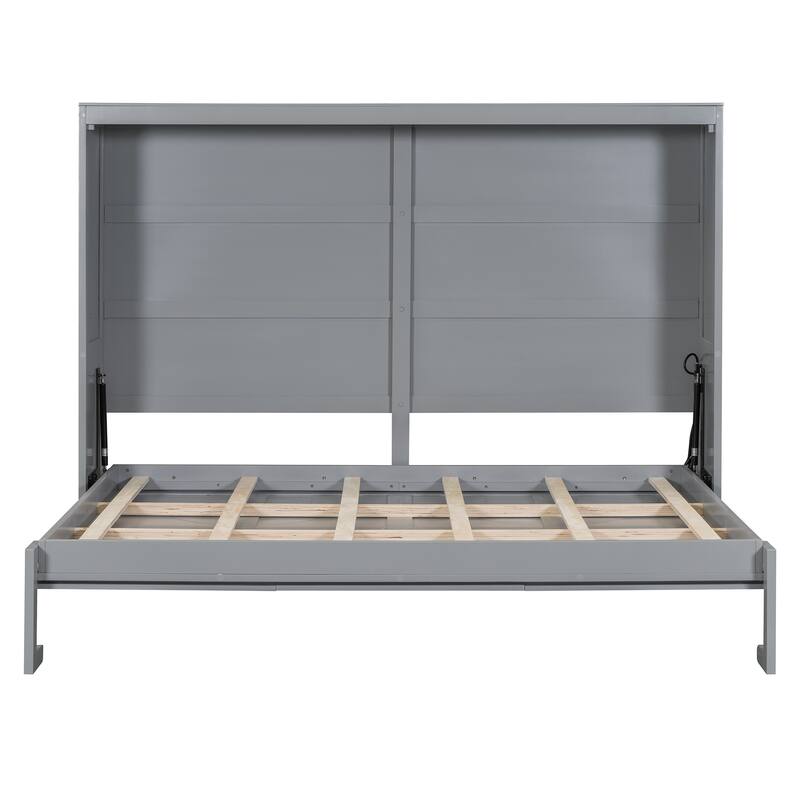 Full/Queen Size Murphy Bed with Rattan Doors and Charging Station, Hideaway Wood Wall Chest Bed Frame, No Box Spring Needed