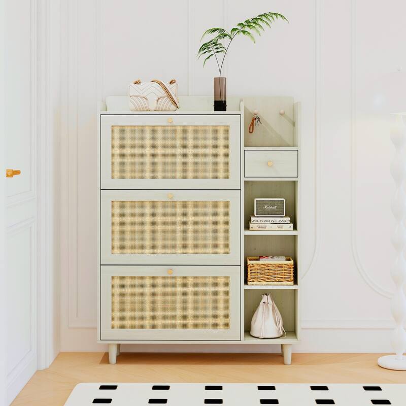 Boho-Inspired Shoe Organizer Rack Cabinet with 3 Rattan Flip Storage Drawers, 3 Shelves, and Hooks for Hallway, Entryway