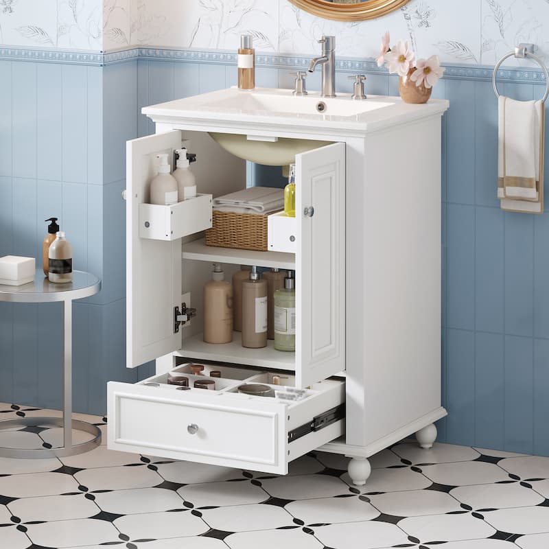 24"Bathroom Vanity with Ceramic Sink, Storage Cabinet with Soft Closing Doors, Bathroom Cabinet with Drawer and Drawer Dividers