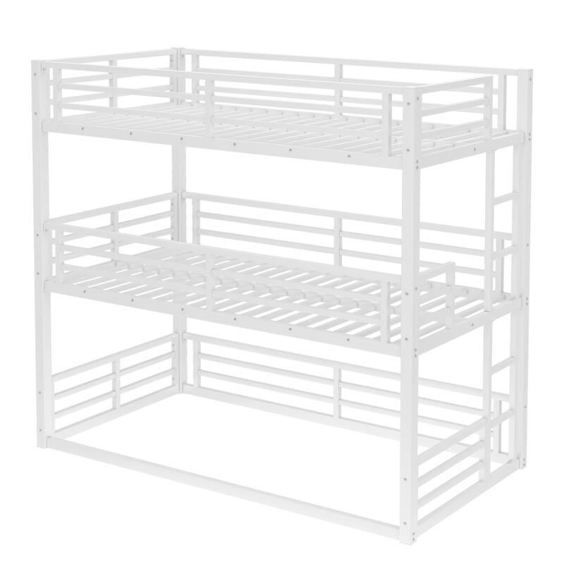 Roomfitters Twin/Full/Queen Metal Triple Bunk Bed with Safety Guardrails, Heavy-Duty Noise-Reduced Frame, White