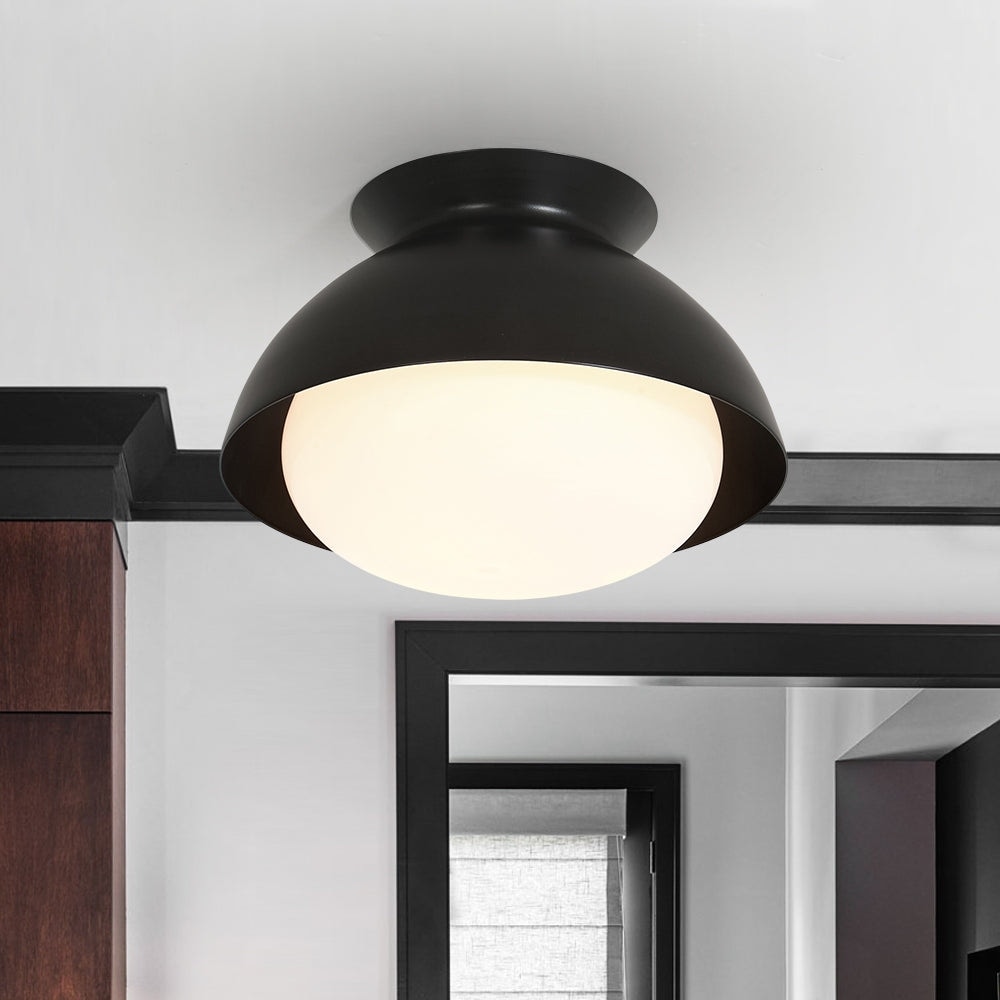 Scandinavian Farmhouse Round Black Dome Opal Glass Ceiling Light - 9 Inches