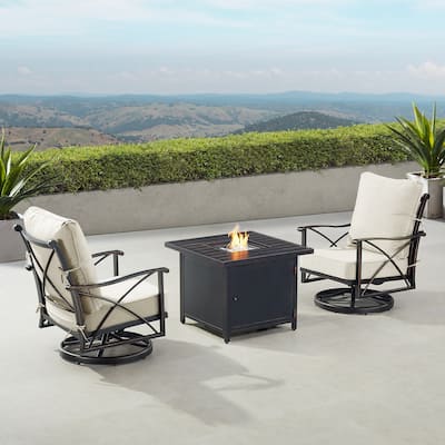 Black Aluminum Fire Table Bistro Set with Two Club Chairs