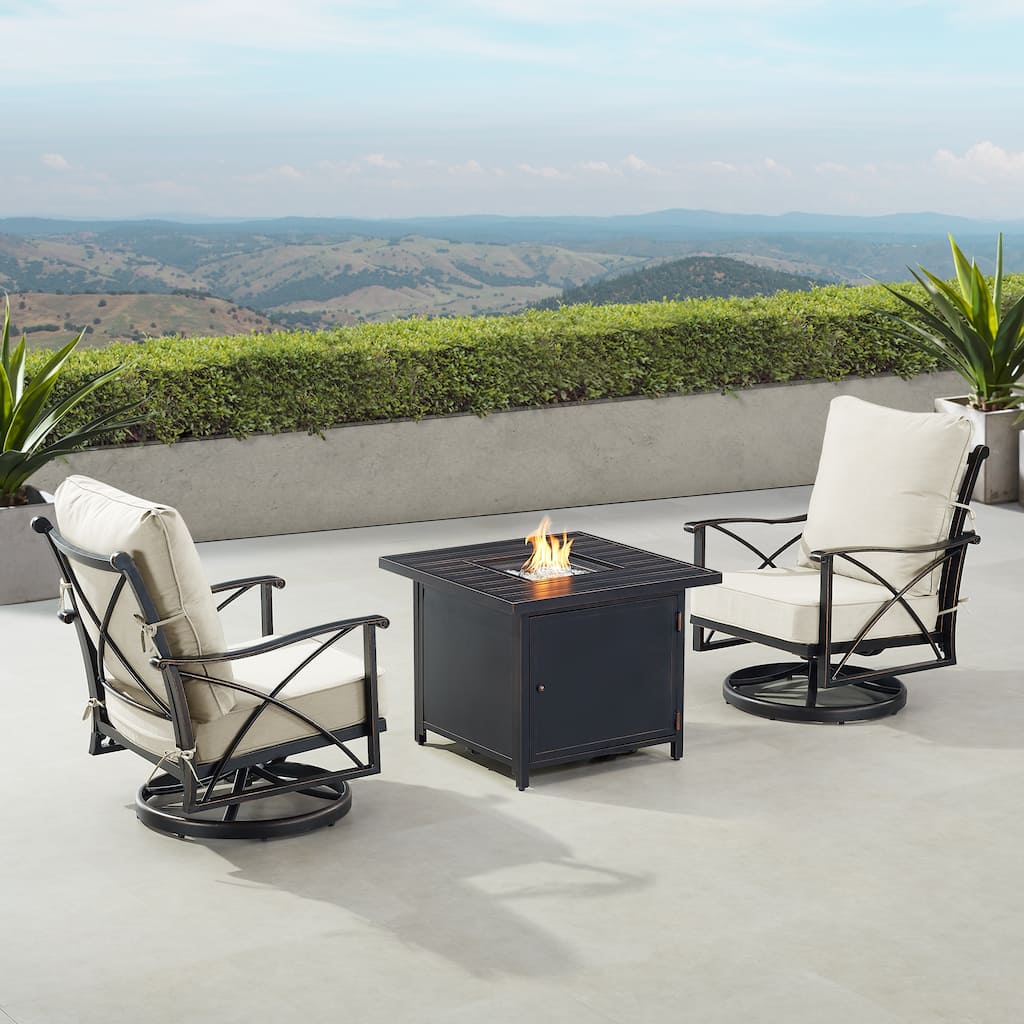 Black Aluminum Fire Table Bistro Set with Two Club Chairs