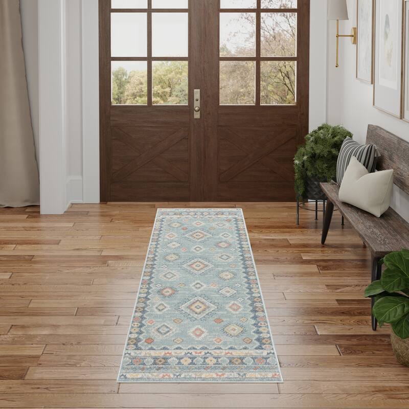 Nourison Washable Beauty Machine Washable Indoor Blue Geometric Area Rug