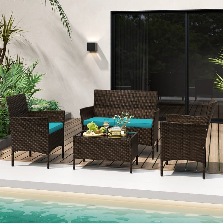 4 Piece Outdoor Rattan Patio Set with Cushions and Glass Table - 39.5" x 22.5" x 32"
