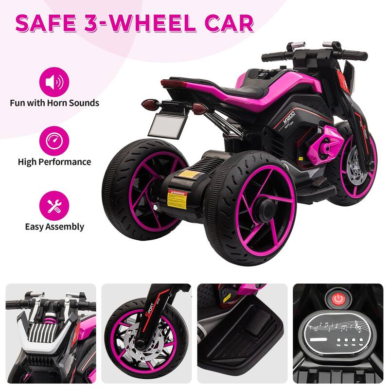 12V Kids' Ride-On Motorcycle with LED Lights, 3 Wheels, and Horn - Ages 3-8
