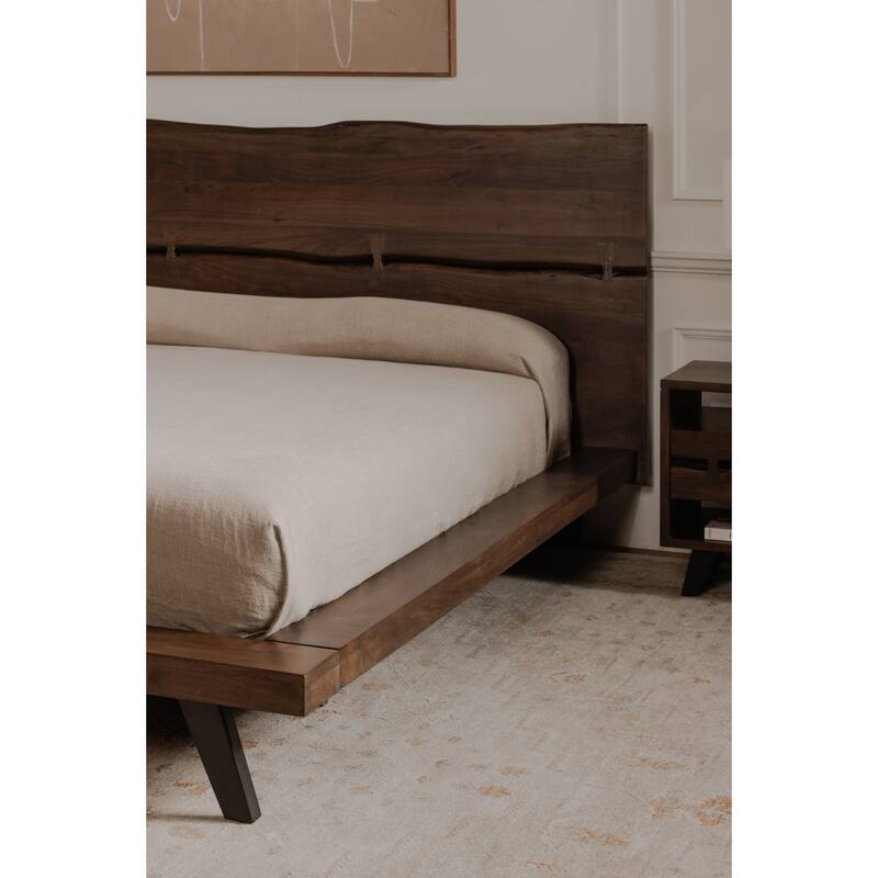 NADAAL STUDIOS Sterling Brown Solid Acacia Queen Platform Bed with Organic Edge Headboard and Steel Legs