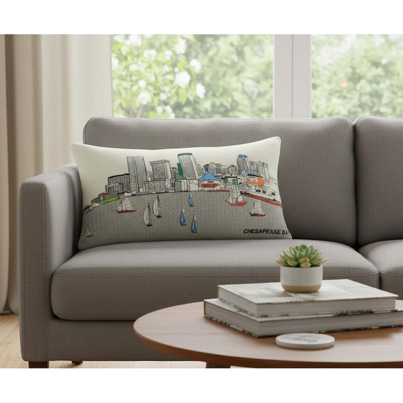 HomeRoots 14" X 24" Cream Baltimore Daylight Skyline Lumbar Decorative Pillow