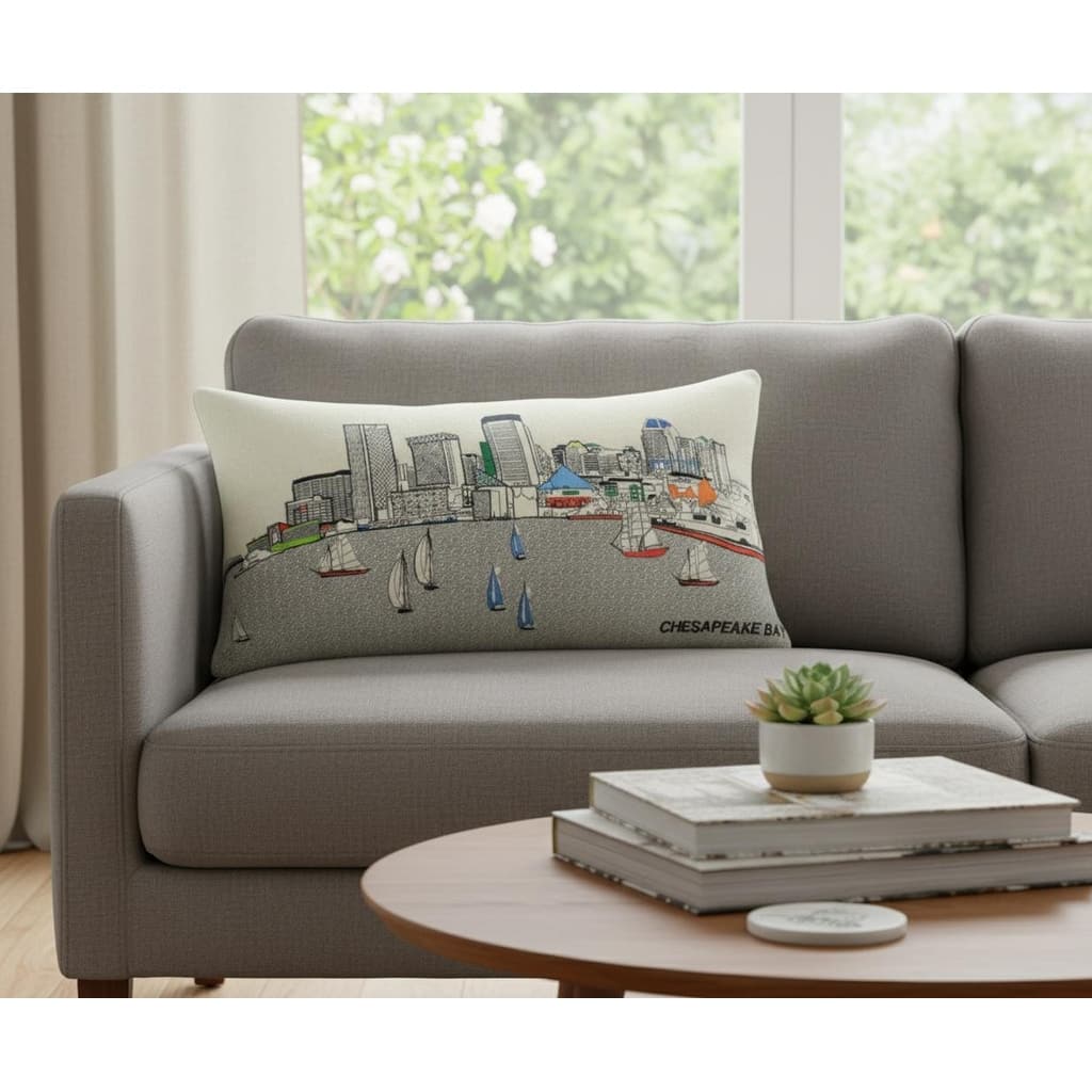HomeRoots 14" X 24" Cream Baltimore Daylight Skyline Lumbar Decorative Pillow
