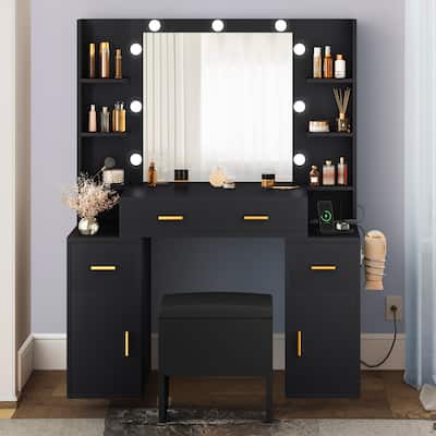9 LED Vanity Desk Makeup Dressing Table Set With Lighted Mirror & Power Outlets - 43.3"L x 15.7"W x 55.1"H