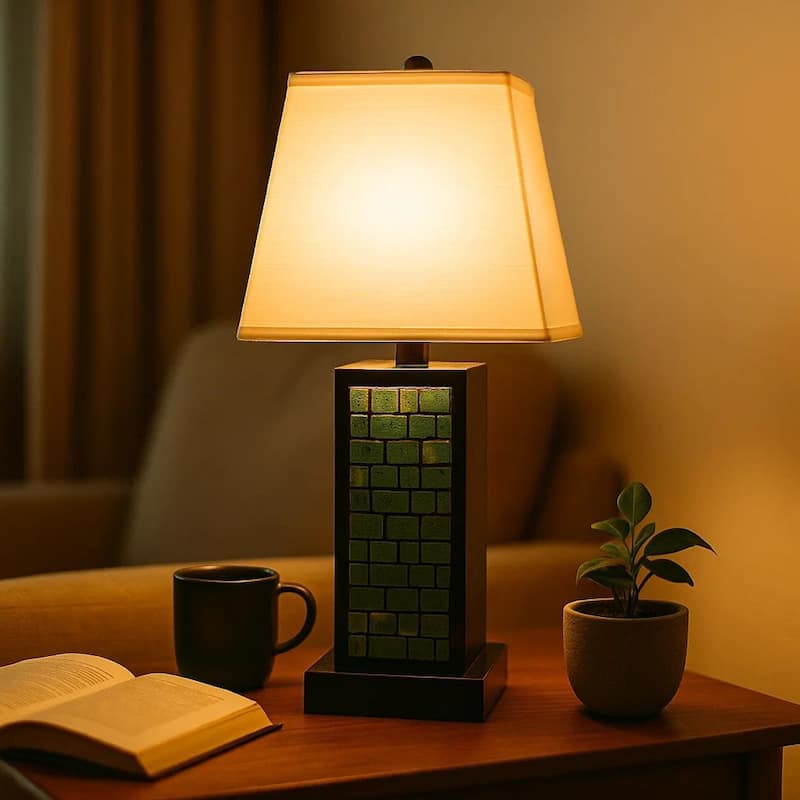 Rectangular Metal Frame Table Lamp Set of 2 with Brick Pattern, White and Blue