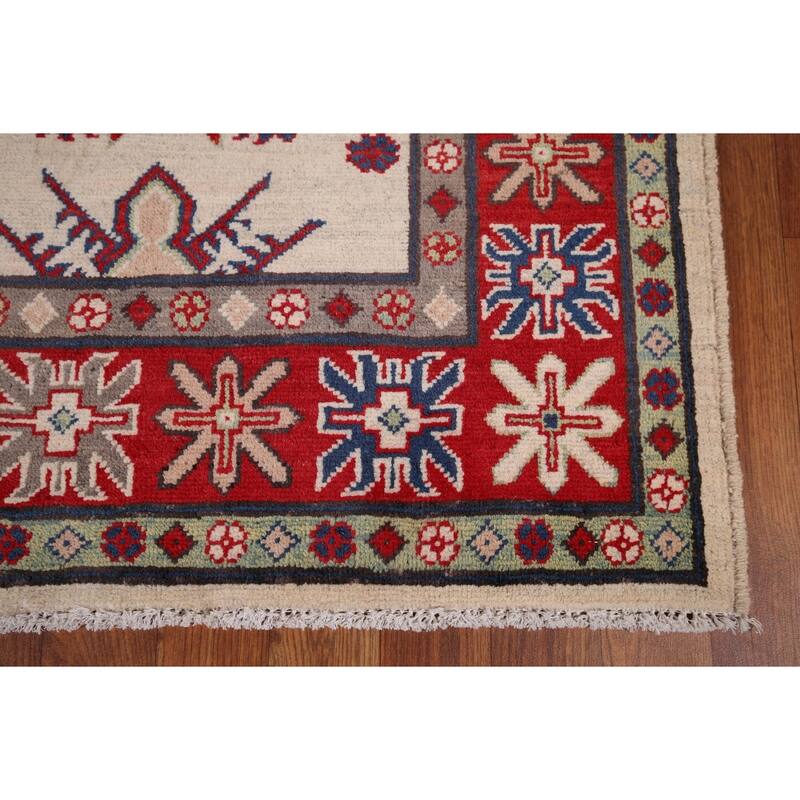 Beige / Ivory Geometric Kazak Rug Hand-Knotted Wool Carpet - 5'2" x 6'9"