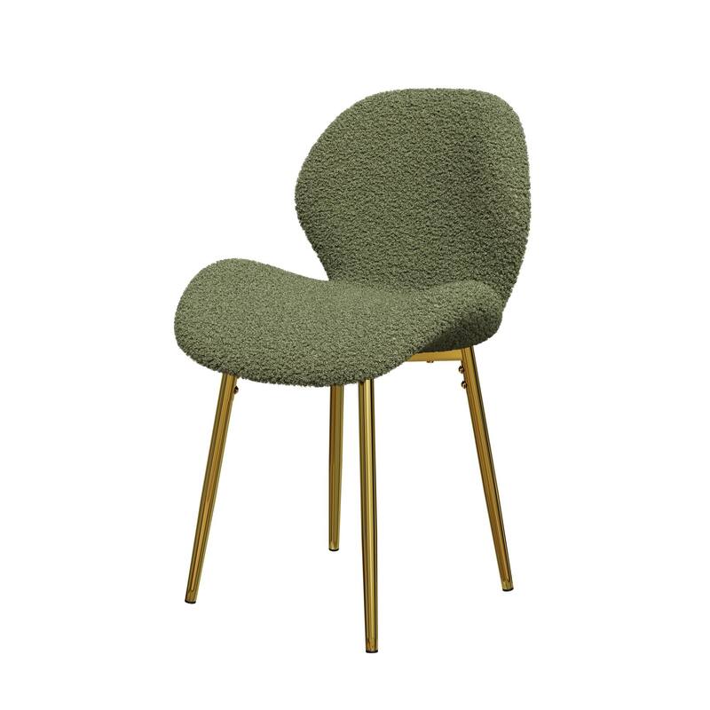 Modern minimalist green teddy velvet Dining Chairs Set of 2 with sturdy gold metal legs and comfortable backrest design,