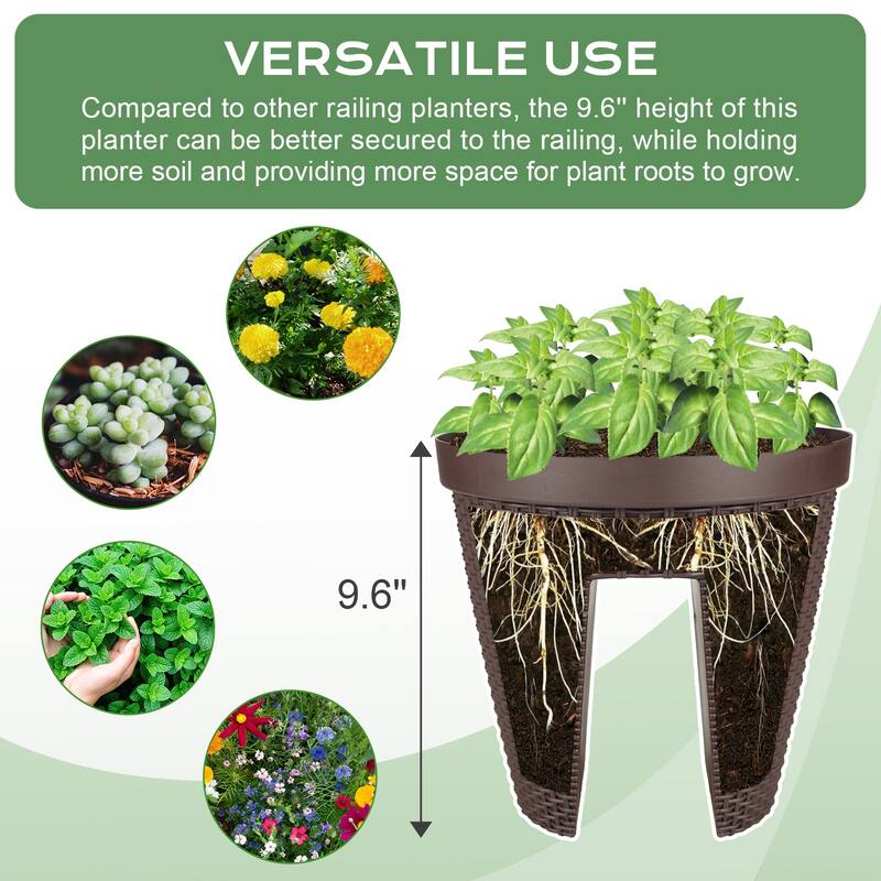 Aoodor 12'' Balcony Rattan Pattern Railing Planter Box with Drainage Holes and Adjustable Brackets-Set of 4 - 12''×11''