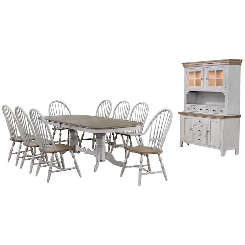 Extendable Dining Table Set - 10 Piece Oval Table with China Cabinet & Armchairs - Distressed Gray & Brown Wood