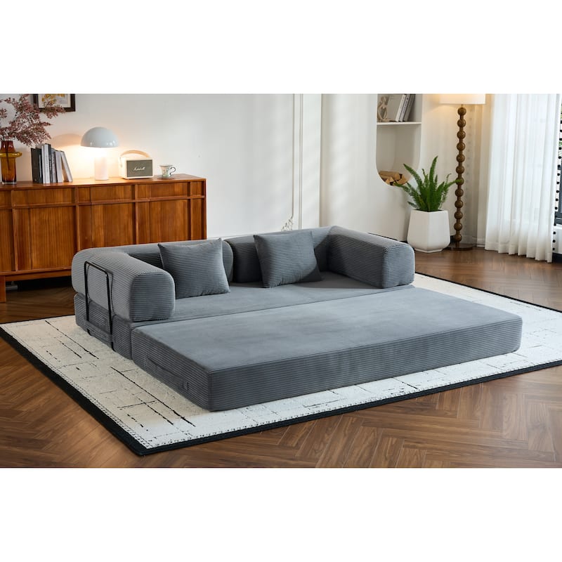 Convertible Sleeper Sofa Bed with Pillow, Corduroy Folding Mattress Couch with Fixed-Shape Frame, Floor Lounge Loveseat Sofa