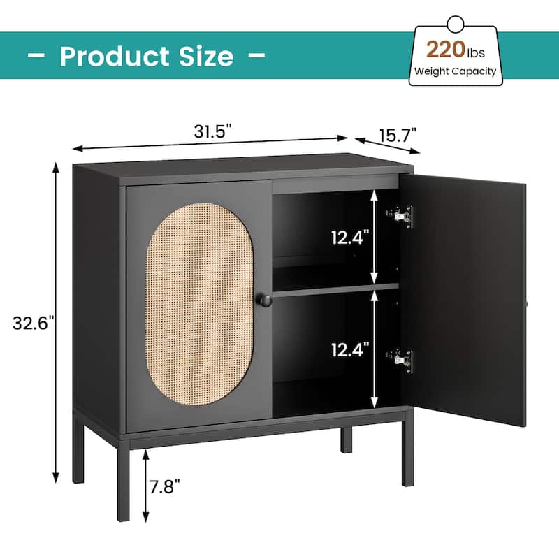Rattan Buffet Cabinet with Natural Rattan Doors, Sideboard Storage Cabinet with Adjustable Shelf