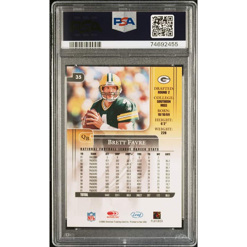 Brett Favre 2002 Leaf Rookies and Stars Football Card #35 Graded PSA 10 - 8'6" x 11'6"