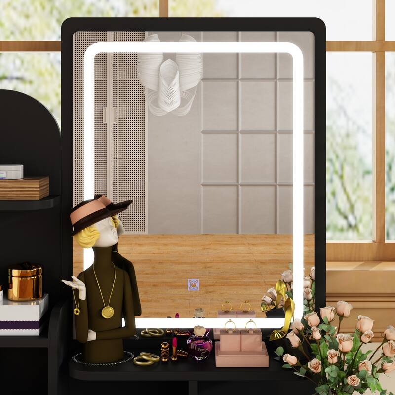 Vanity Desk with LED Lighted Mirror, Makeup Vanity Table with Drawers, Shelves and Stool