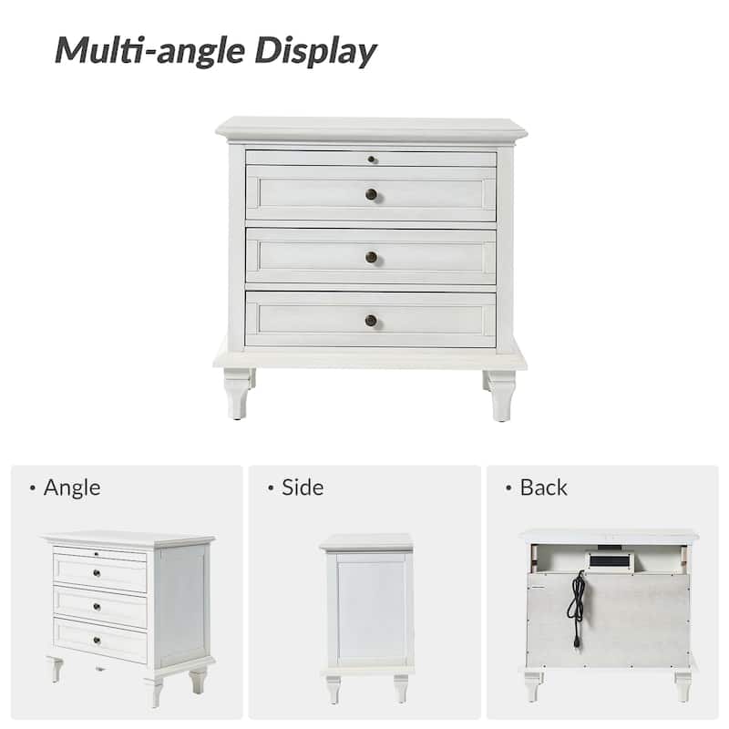 Muriel Farmhouse 3 Drawers Nightstand with Built-In Outlets by HULALA HOME