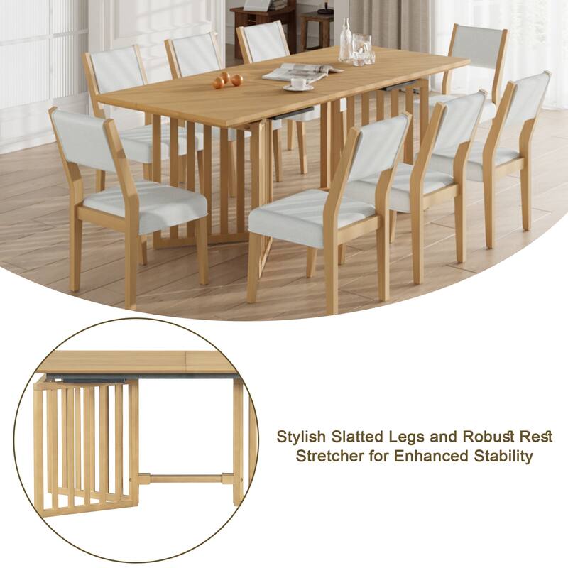 Solid Wood Farmhouse Dining Set: 83.9" Extendable Table with 2 Removable Leaves & 8 Comfortable Upholstered Chairs