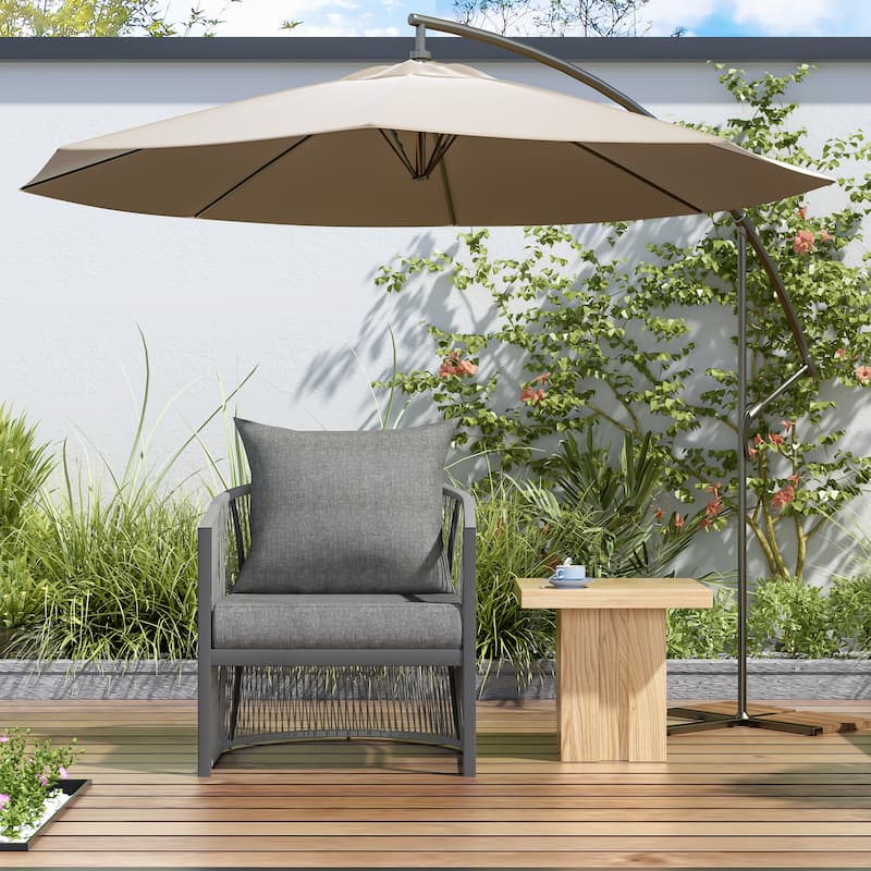 Modern Beige Curved Aluminum Lounge Chair w/ Stylish Rope-Weave Design & Cushioned Comfort, Perfect for Outdoor Living