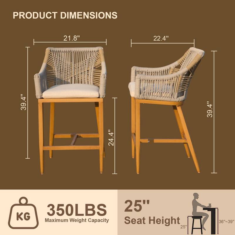 Set of 2 Outdoor Counter Height Bar Stools with Armrest, Backrest, and Cushions