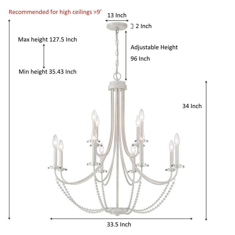 33.5In French Country 12-light Beaded Empire Candle Chandelier - 33.5'' D * 127.5'' H