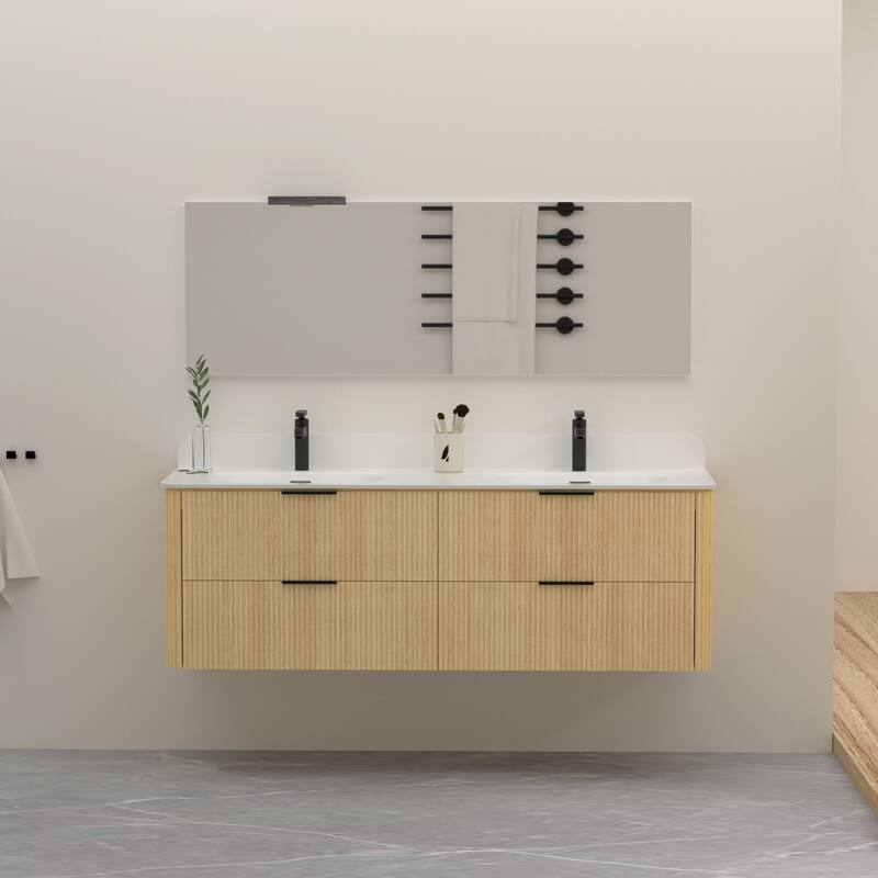 60" Floating Bathroom Vanity with Integrated countertop Rectangulare Sink Solid Wood