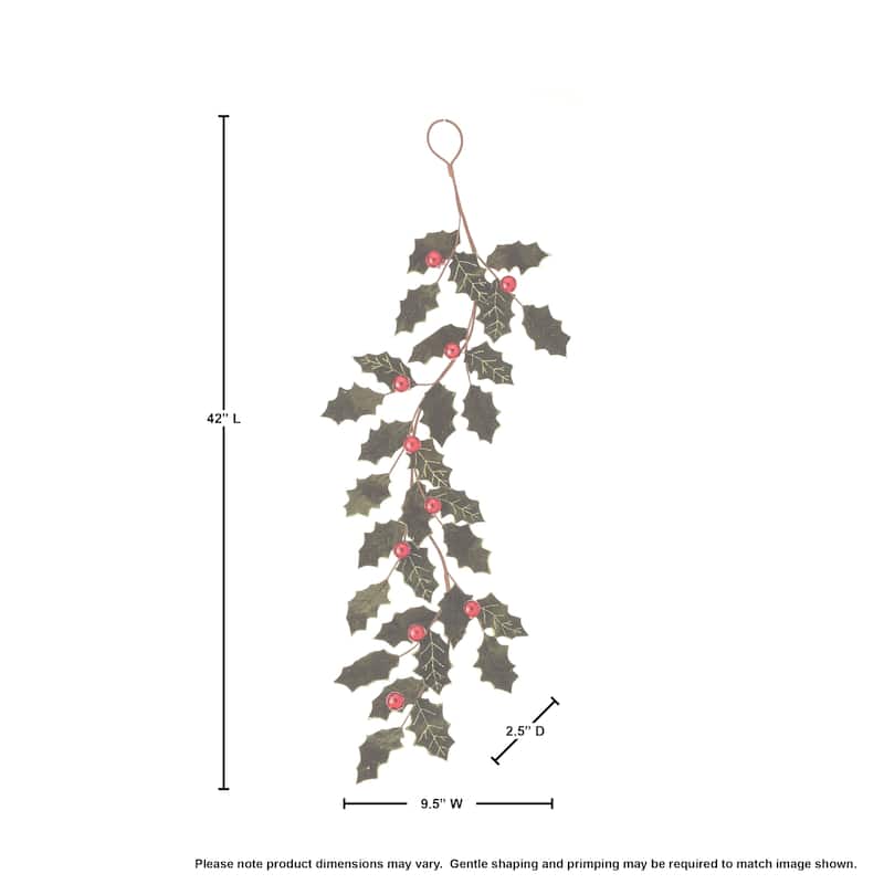 47" Velvet Holly Leaf Garland With Ball - 42