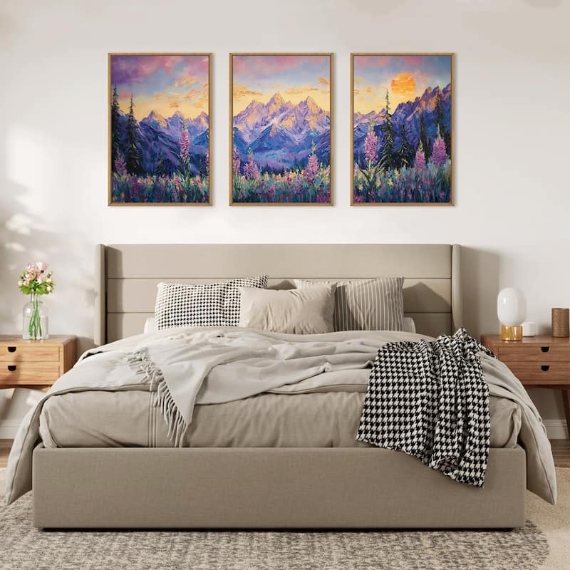 Purple Sunset Mountain Landscape Framed Canvas Wall Art Set