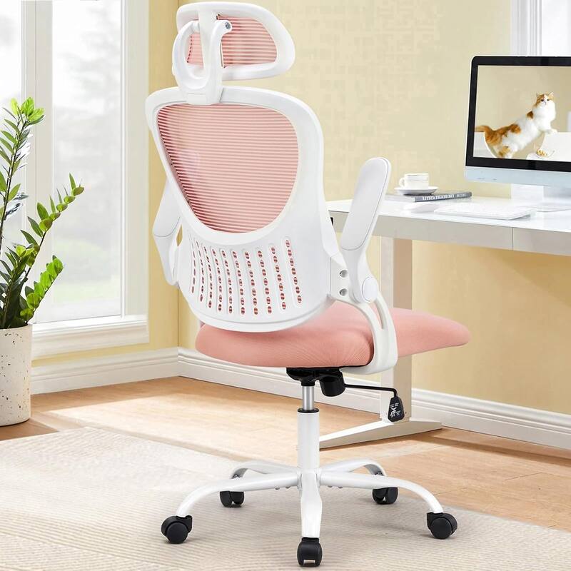 Office Computer Desk Chair, Ergonomic High-Back Mesh Rolling Work Chairs with Wheels &Adjustable Headrests, Comfy Flip-up Arms - Pink