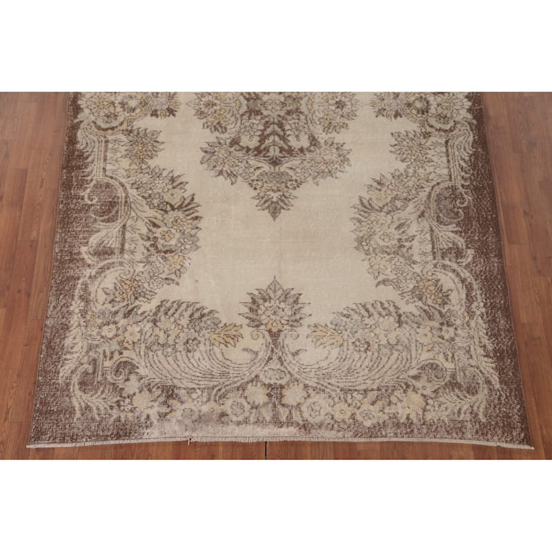 Anatolian Turkish Vintage Rug Handmade Distressed Beige Wool Carpet - 6'1" x 9'7"