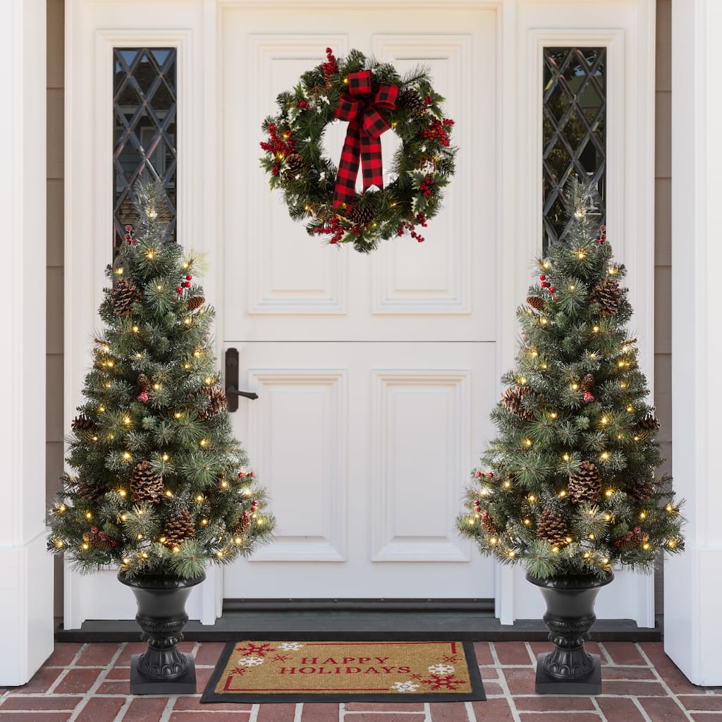 Glitzhome 4/5/6FT Pre-lit Artificial Flocked Pine Potted Christmas Tree for Entryway Holiday Decor