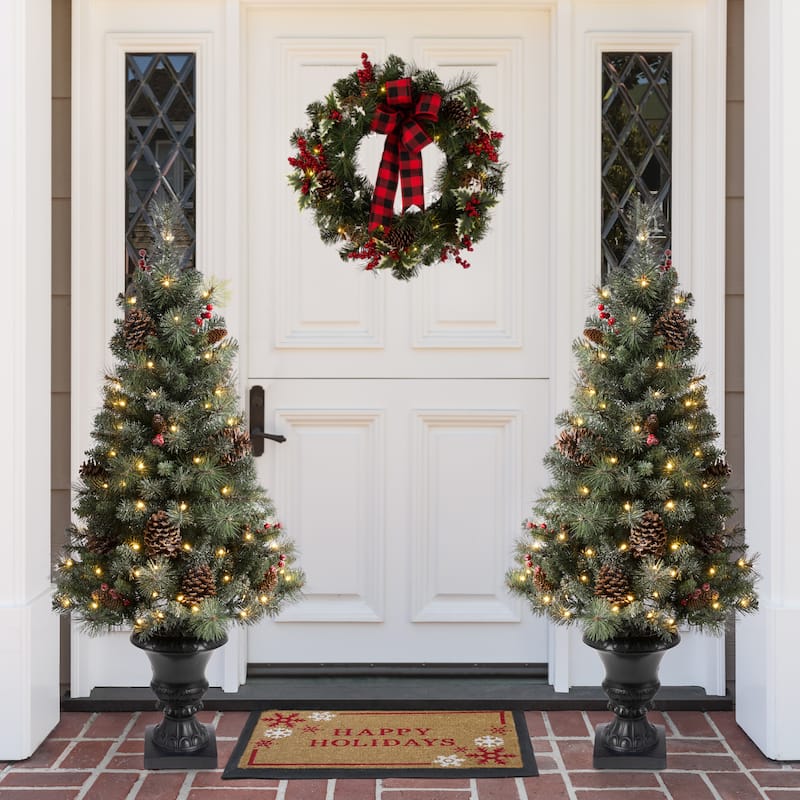 Glitzhome 4/5/6FT Pre-lit Artificial Flocked Pine Potted Christmas Tree for Entryway