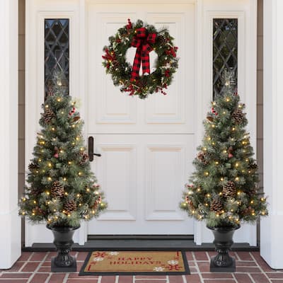 Glitzhome 4ft/5ft/6ft Flocked Pine Christmas Potted Porch Tree With Warm White Lights