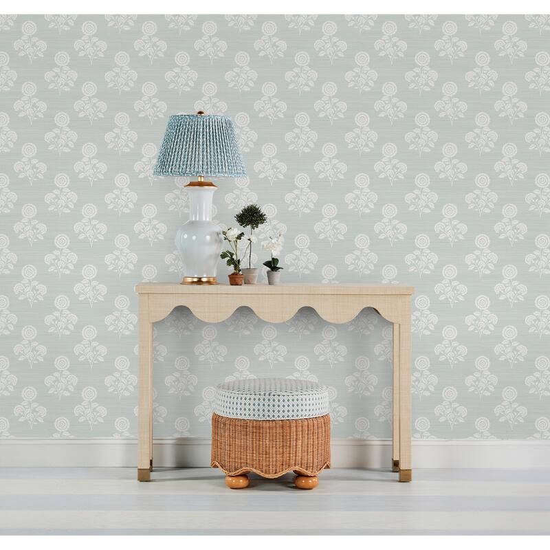 Society Social Flourish Block Print Whisper Blue Faux Grasscloth Peel and Stick Wallpaper