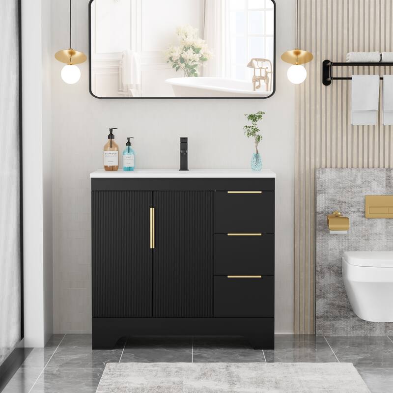 Vertical Stripes Bathroom Vanity Set with Sink Top & Faucet - 36"Right - Black-36"Right